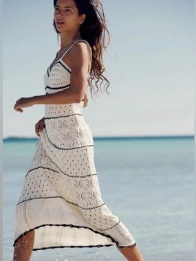 Commense Paros Crochet Eyelet See Through women’s Midi Dress coastal Sz S